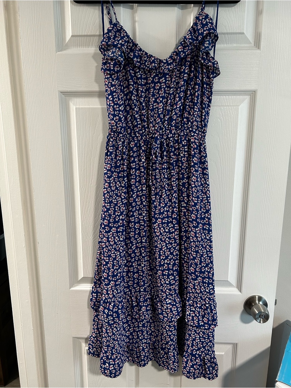 Sienna Sky Blue with Pink Floral Ruffle Midi Dress
